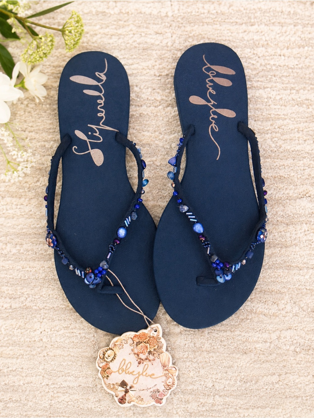 Blue Beaded Navy Thong Sandals Boho Beach Vacation Flip Flops